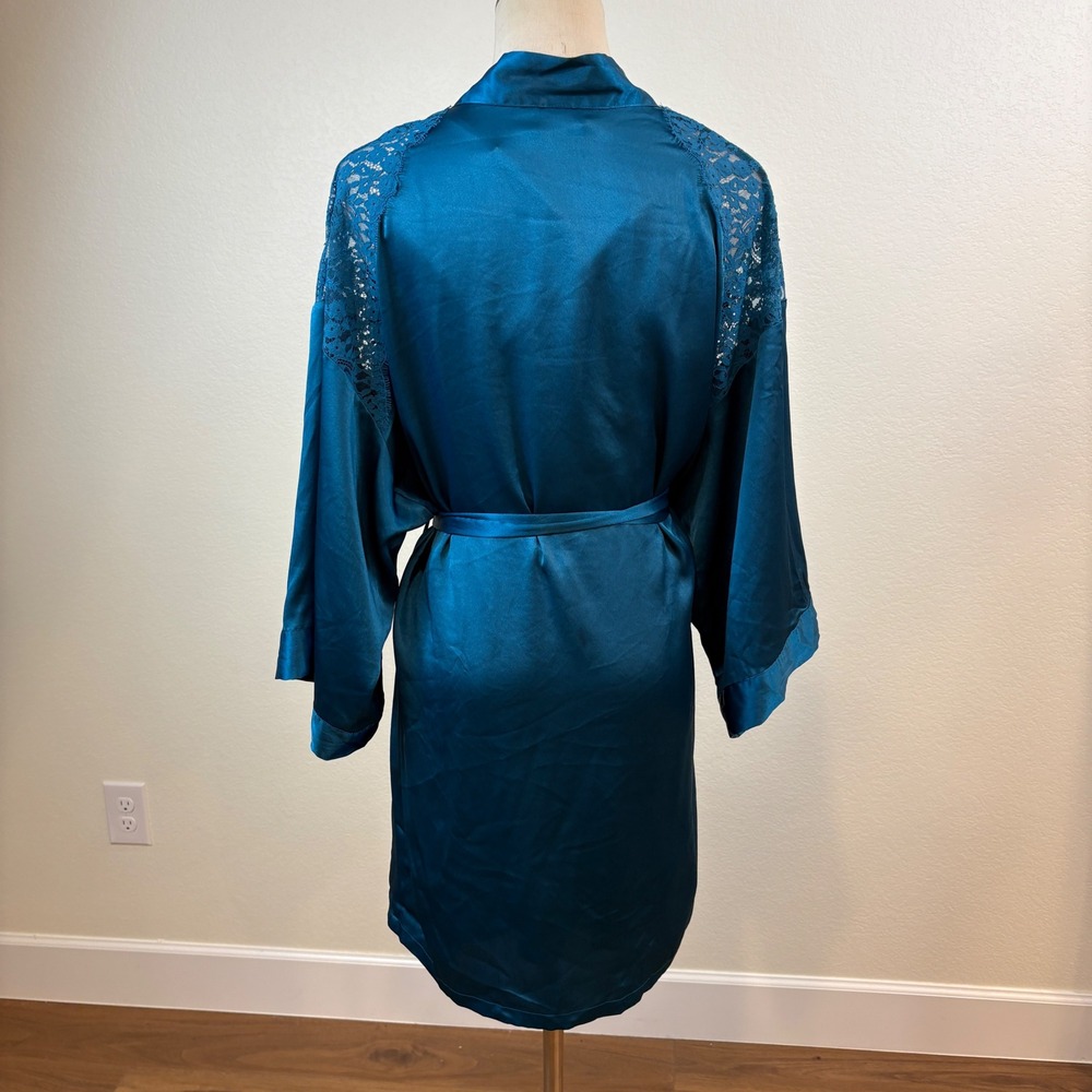 Victoria's Secret Slip Robe Set S Teal Blue Satin Lace Trim Romanitc Nightie - Picture 3 of 14